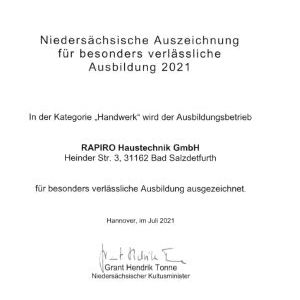 Kultusminister verleiht RAPIRO „Niedersächsische Auszeichnung für besonders verlässliche Ausbildung 2021“